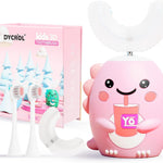 DYCROL Kids U-Shaped Electric Toothbrush with 4 Brush Heads, 5 Cleaning Modes, Cartoon Dinosaur Design, IPX7 Waterproof