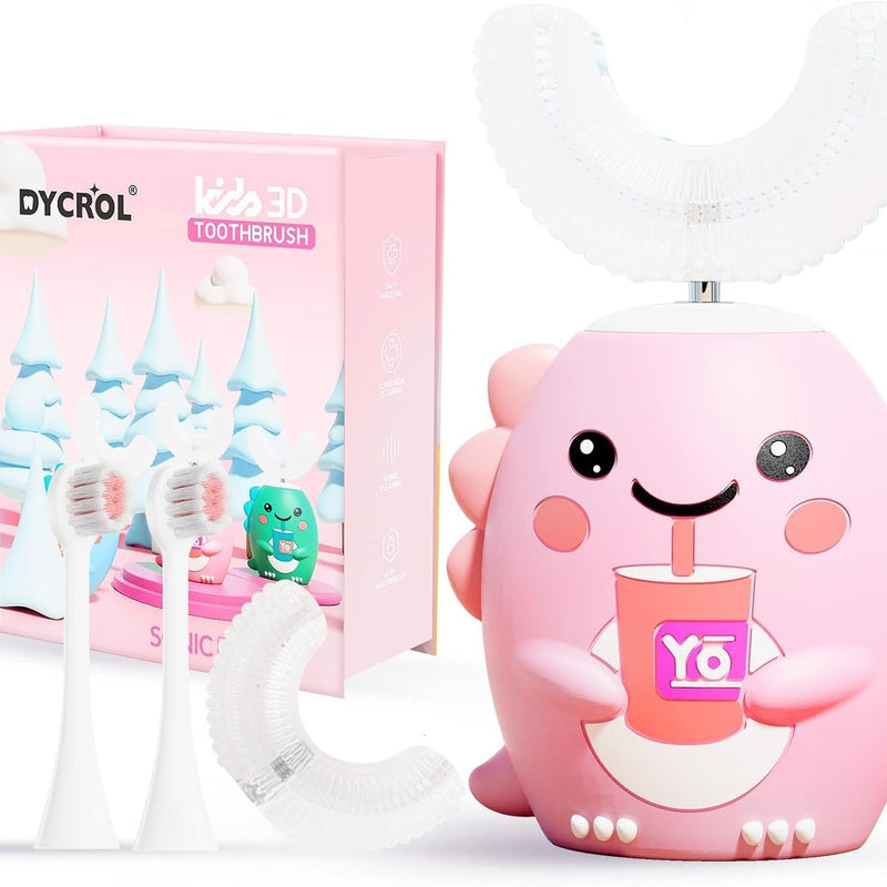 DYCROL Kids U-Shaped Electric Toothbrush with 4 Brush Heads, 5 Cleaning Modes, Cartoon Dinosaur Design, IPX7 Waterproof