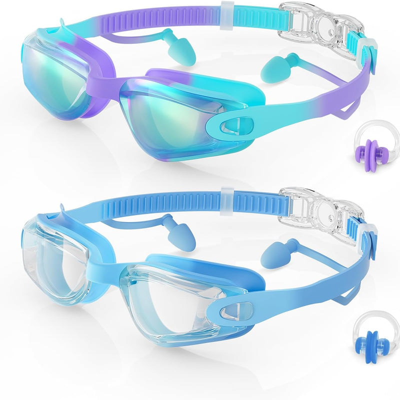 Aegend Kids Swim Goggles 2 Pack, Anti Fog&UV Swimming Goggles for Ages 3-15 | No Leak Comfortable Fit Pool Goggles with Silicone Seal, Ear Plugs and Nose Clip