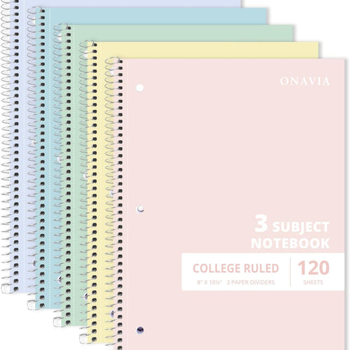 ONAVIA 3 Subject Spiral Notebook, 5 Pack, College Ruled, 8 x 10.5 in, 120 Sheets, 3-Hole Punched with Dividers and Double-Sided Pockets for School, Study, Homework, Assorted Colors