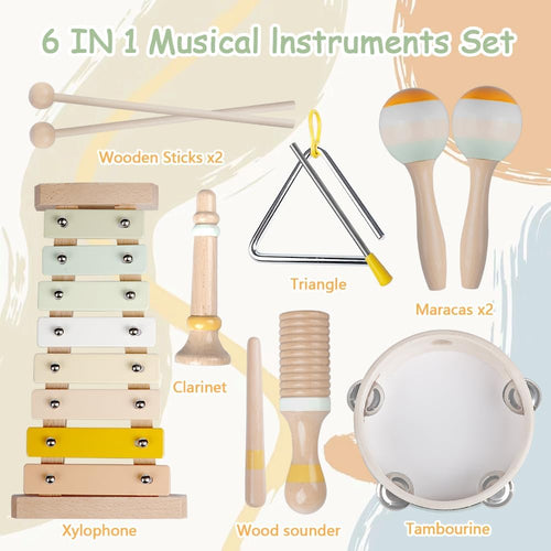 Montessori Wooden Toys: Toddler Musical Instruments Set with Boho Xylophone, Safe for Kids 3+