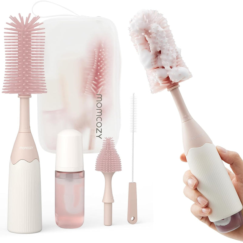 Momcozy Baby Bottle Brush Kit, Push-Press Foam Design, Pink | Portable for Home & Travel, Bottle Cleaner Brush for Breast Pumps & Nipple, Newborn Essentials, Food-Grade BPA-Free