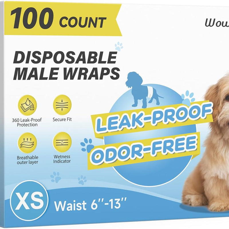 Wowflash 100 Count Dog Belly Bands for Male Dogs, Male Dog Diapers Disposable, Leakproof Dog Wraps with Wetness Indicator, Breathable Quick-Dry, Secure Fit for Doggy Puppy Training, X-Small