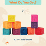 B. toys, One Two Squeeze Soft Building Blocks, 10 Pack, Blocks - 1, Baby | 10 soft blocks with numbers, shapes, colors, and animals; textured block play with reusable bag, Blocks - 1, Baby; 6+ Months