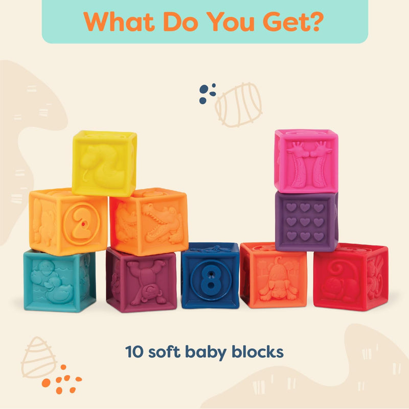 B. toys, One Two Squeeze Soft Building Blocks, 10 Pack, Blocks - 1, Baby | 10 soft blocks with numbers, shapes, colors, and animals; textured block play with reusable bag, Blocks - 1, Baby; 6+ Months