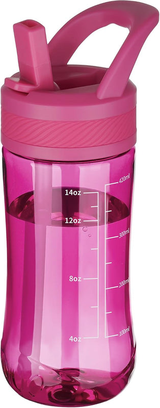 14oz Clear Kids Water Bottle with Straw Lid, BPA-Free Tritan, Measurement Scale, Sturdy Handle Wide Mouth Leak-proof Reusable Plastic Bottle for Boy& Girls, Back to School（Clear）