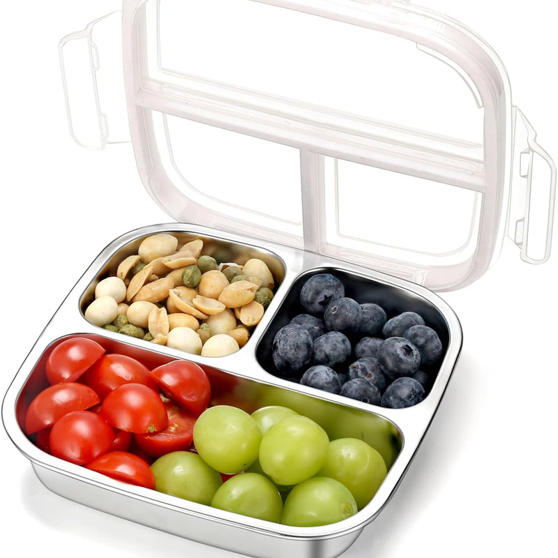 Stainless Steel Snack Containers, 3 Compartments Reusable on and go Bento Box with Lids for Kids, Lunch Box Pre Meal Storage for Daycare School Outdoor Camping Travel - Blue
