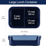 Caperci Classic Bento Box Adult Lunch Box for Older Kids - Leakpoof 47 oz 3-Compartment Containers for Adults and Teens, Built-in Utensil Set, Ideal for On-the-Go Balanced Eating, Navy Blue