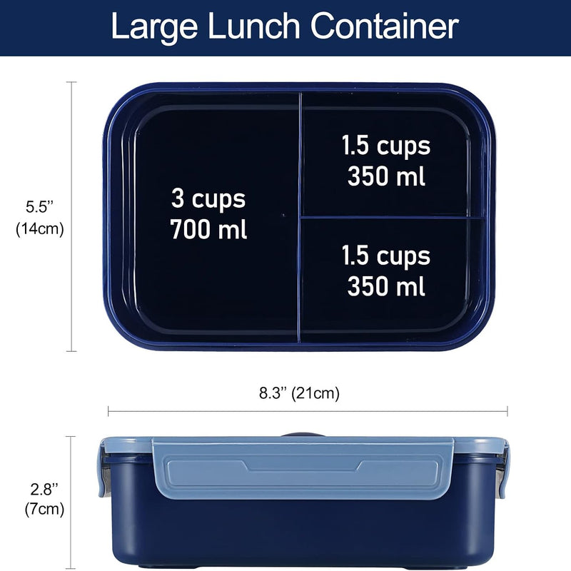 Caperci Classic Bento Box Adult Lunch Box for Older Kids - Leakpoof 47 oz 3-Compartment Containers for Adults and Teens, Built-in Utensil Set, Ideal for On-the-Go Balanced Eating, Navy Blue