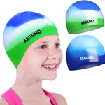 Aegend Kids Swim Cap 2 Pack, Silicone Waterproof Swim Cap for Kids Age 3-15 | Comfortable Swimming Cap for Girls Boys Toddlers Youth, Fits Long & Short Hair, Durable Cap for Swim Lessons Pool