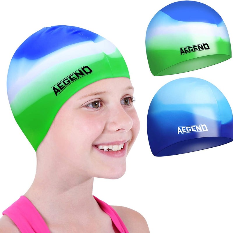 Aegend Kids Swim Cap 2 Pack, Silicone Waterproof Swim Cap for Kids Age 3-15 | Comfortable Swimming Cap for Girls Boys Toddlers Youth, Fits Long & Short Hair, Durable Cap for Swim Lessons Pool
