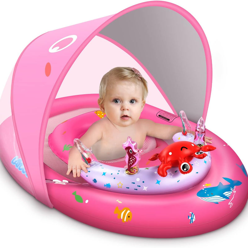 LAYCOL Baby Pool Float with Canopy UPF50+, 120°Adjustable Sun Protection and Anti-Tip Safety Seat, Inflatable Toddler Floaties Infant Pool Float with Animal Pool Toys, Baby Beach Essentials for 6-36M