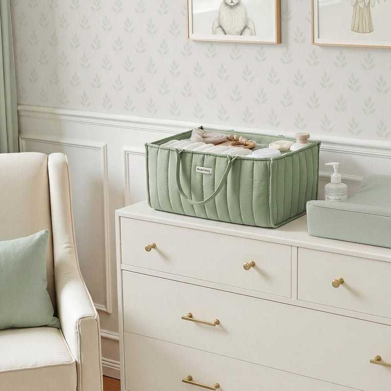 Blissful Diary Baby Diaper Caddy Organizer, Stylish Storage Basket for Newborn Essentials and Diaper Station, Gift for Baby Shower and Registry Must-Have, Sage Green