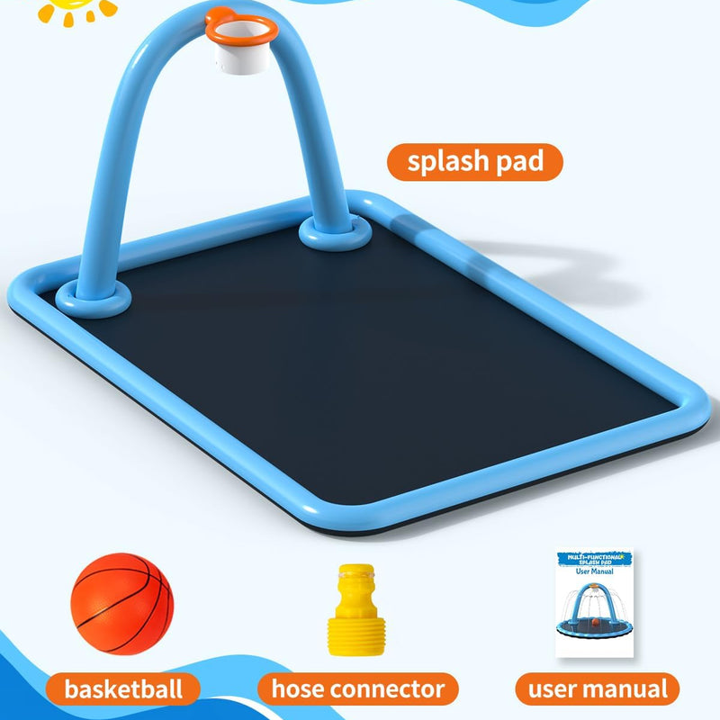 Splash Pad for Kids & Dogs, Large Sprinkler Pad Water Toys with Basketball Hoop, Thickened Non-Slip Splash Mat, Foldable Play Pool & Outdoor Summer Toys Ages 4-12 (102" Splash Pad)
