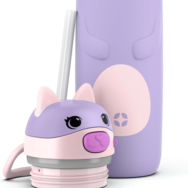 Ello Ellies 12oz Stainless Steel Leakproof Kids Water Bottle, Cat | Insulated kids water bottle with straw, leakproof locking lid, carry handle, and stainless steel fun animal design for school