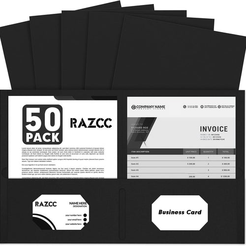 Two Pocket Folders, RAZCC 50 Pack 2 Pocket Folders Fit Letter Size Paper, Paper Folders with Pockets for School Office Business Home, Black
