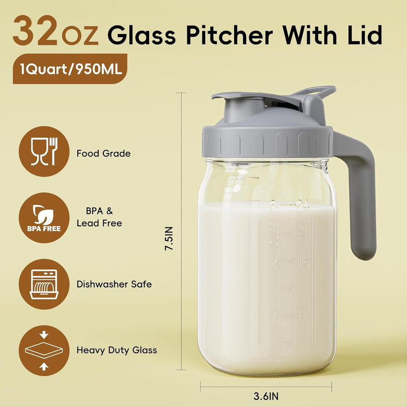 Breast Milk Pitcher, 32 oz Wide Mouth Glass Mason Jar | Dual Leak-Proof Lid, easy-pour spout, handle design for Breastmilk storage, iced tea and cold beverages