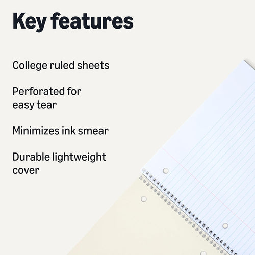 Amazon Basics College Ruled Spiral Notebook, For Work and School, 70 Sheets, 8" x 10.5", Assorted Solid Colors, 5 pack