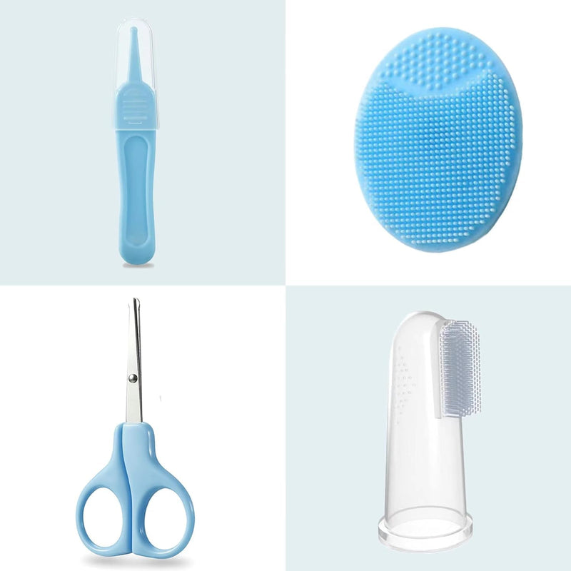 PandaEar Baby Healthcare & Grooming Kit - Baby Safety Set Comb, Brush, Finger Toothbrush, Nail Clippers, Scissors, Nasal Aspirator - Nursery Care Kit (Blue)