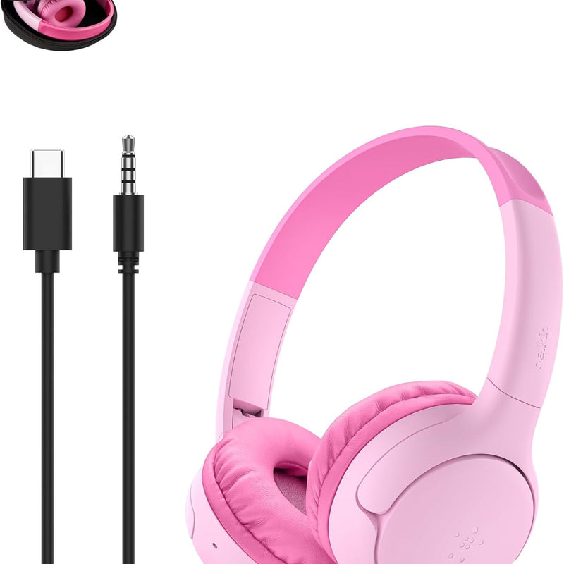 Belkin SoundForm Mini 2 Bluetooth Kids Headphones, On Ear, 55H Battery Life | Toddler headphones, 85dB Volume Limit, Built-in Mic, Wired Connection Option, iPad, Android Tablet, School, Travel
