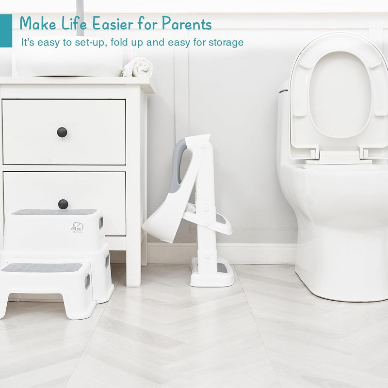 Forbena Potty Training Toilet Seat with Step Stool Ladder, Toddler Kids Potty Seat for Boys Girls, Non Slip Foldable Toilet Training Seat with Soft Cushion, Comfortable Handles (White-Grey)