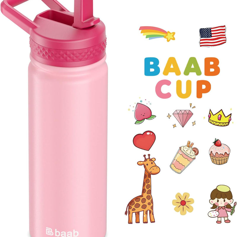 baab 18oz Kids Insulated Water Bottle 18/8 Stainless Steel Straw Cup 2 Pack | BPA-Free, DIY Stickers, Leakproof & Spillproof, Easy to Clean & Carry, Gift for Boy Girl Youth, for School Sport Travel