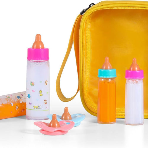 Kaydora Baby Doll Bottle Accessories - 6 Pcs Magic Milk Feeding Toys Yellow | Magic Disappearing Milk & Juice, with Non-magnetic Pacifiers, Pretend Play Sets, Gift for kids, Suit for Stroller, Crib, Bed