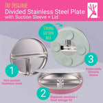 Elk and Friends Kids Stainless Steel Divided Plates with Silicone Suction Sleeves | Lids Included | Suitable for Babies/Toddlers | Dishwasher Safe | Stay Put Dinnerware | Snack Dishes | 4 Pack