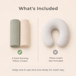 Konssy 2-Pack 100% Cotton Muslin Nursing Pillow Covers, Soft Cover for Baby | Covers Only, Breastfeeding Pillows Slipcovers for Baby Boys & Girls, Hidden Zipper, Machine Washable, (Fog Green, Cream)