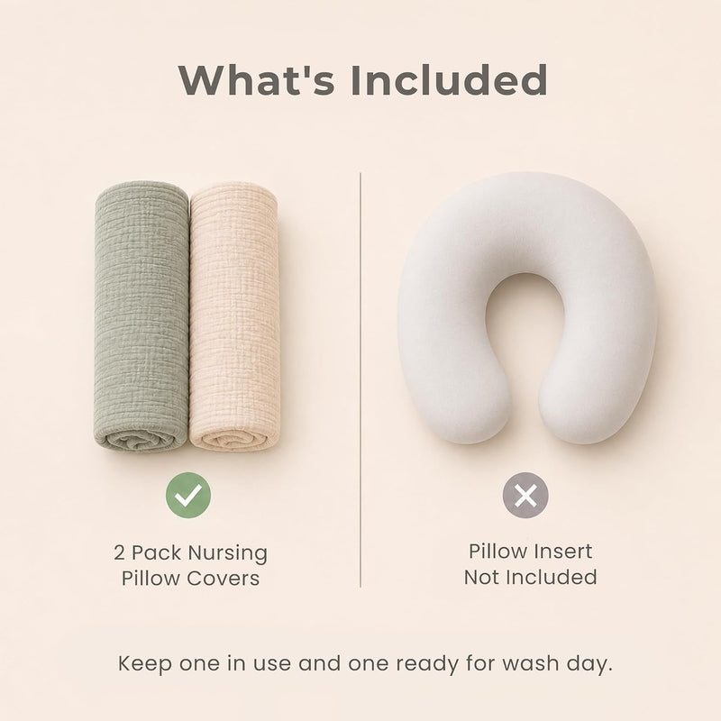 Konssy 2-Pack 100% Cotton Muslin Nursing Pillow Covers, Soft Cover for Baby | Covers Only, Breastfeeding Pillows Slipcovers for Baby Boys & Girls, Hidden Zipper, Machine Washable, (Fog Green, Cream)