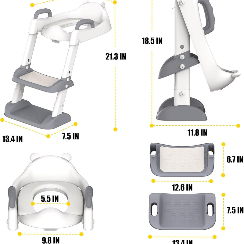 HBTower Potty Training Seat with Step Stool Ladder & Safety Handles,Grey | Foldable Toddler Toilet Seat with Splash Guard for Boys and Girls, Comfortable Kids Potty Cushion & Anti-Slip Pads