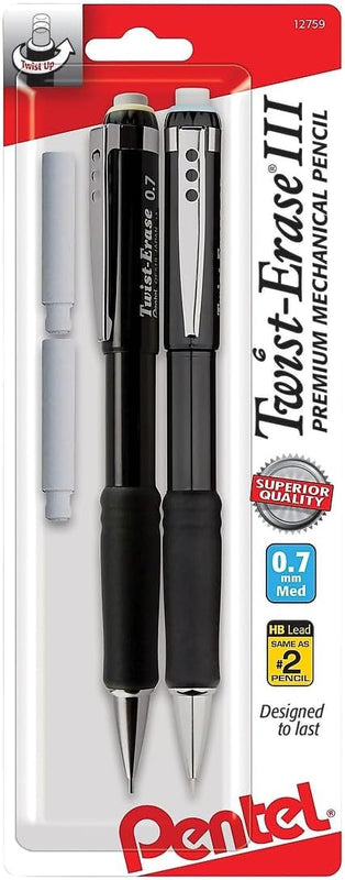 Pentel Twist-Erase III Mechanical Pencil, (0.7mm), Assorted Barrel Colors with 2 Eraser Refills, Pack of 2 (QE517BP2)