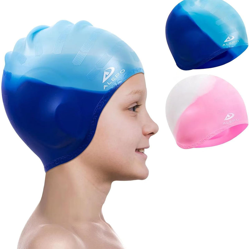 Alepo 2 Pack Kids Swim Caps for Boys Girls, Durable Silicone Swimming Cap with 3D Ear Pockets for Age 3-15 Toddler Child Youth Teen, Unisex Swim Bath Hats for Short/Long Hair with Ear Plugs Nose Clip