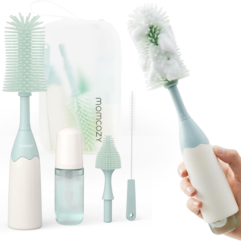 Momcozy Baby Bottle Brush Kit, Push-Press Foam Design, Pink | Portable for Home & Travel, Bottle Cleaner Brush for Breast Pumps & Nipple, Newborn Essentials, Food-Grade BPA-Free