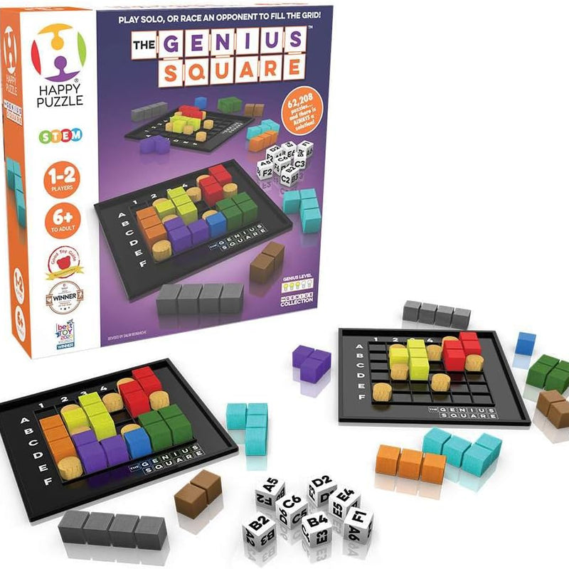 The Happy Puzzle Company's Genius Square STEM Puzzle Game for 1-2 Players, 62,208 Possible Solutions, 6x6 Grid