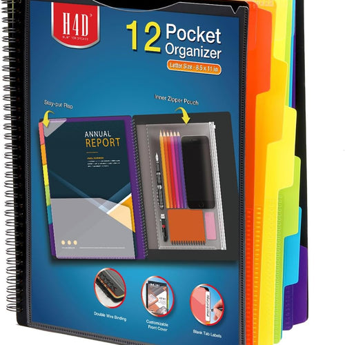 H4D 12 Pocket Poly Project Organizer, Spiral Multi Pocket Folder Organizer, Multi-Subject Folder Notebook, Letter Size