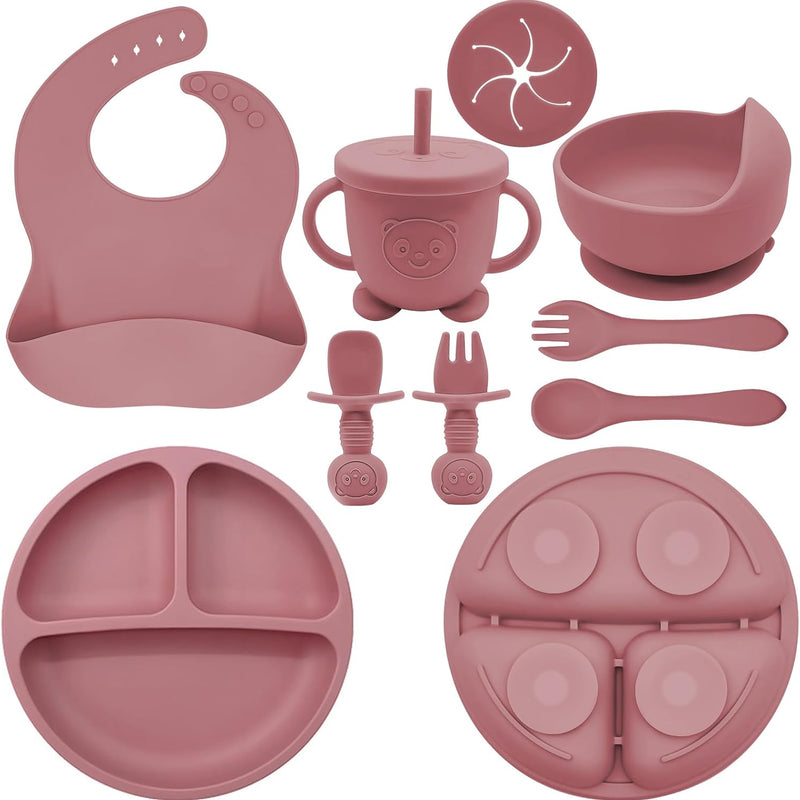 Silicone Baby Feeding Set | Baby Led Weaning Supplies Includes Suction Bowls and Divided Plates, Adjustable Bib, Baby Utensils Spoons and Forks,Cup | Baby Feeding Essentials (Light Green)