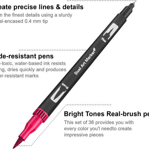 Markers for Adult Coloring Books No Bleeding, Set of 36 Colors, Coloring Pens for Adults, Dual Brush Marker Pens with Fine & Brush Tips, Art Supplies for Drawing, Calligraphy, Sketching and Doodling.