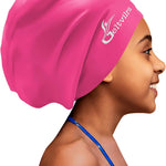 Extra Large Swim Cap for Kids Black Girls Aged 4 to 16 with Long Hair Braids Dreadlocks, Waterproof Silicone Swimming Hat Turban Hair Protection for Boys Toddler Children Youth