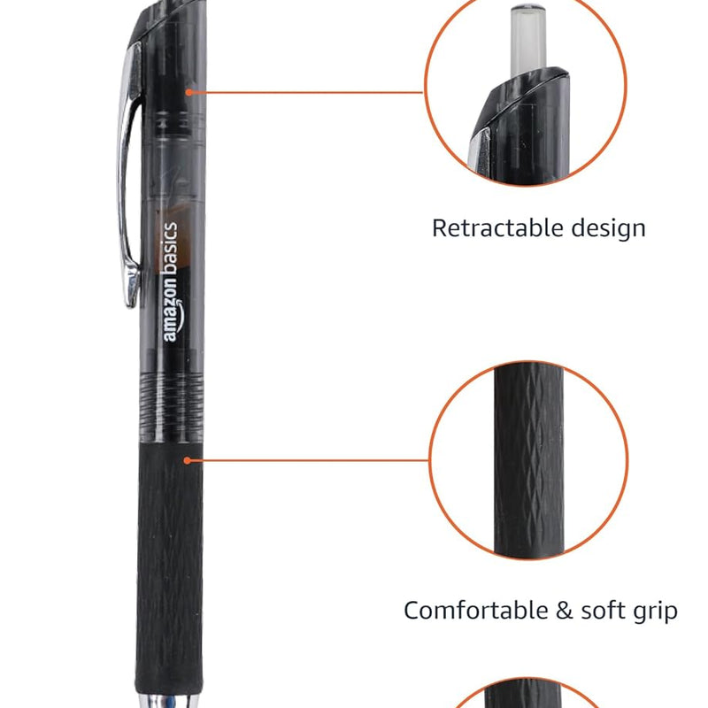 Amazon Basics Retractable Gel Pens, Fine Point 0.7mm, Smooth Writing, Black, No Smudge, School and Office Supplies, 12-Pack
