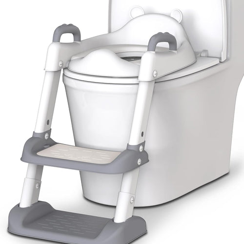 HBTower Potty Training Seat with Step Stool Ladder & Safety Handles,Grey | Foldable Toddler Toilet Seat with Splash Guard for Boys and Girls, Comfortable Kids Potty Cushion & Anti-Slip Pads