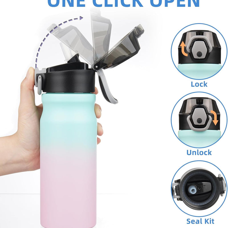 BJPKPK 18 oz Water Bottle with Straw & Handle, Insulated Stainless Flask | Leak Proof Locking Lid, Thermal, Double Wall Vacuum, Keeps Hot/Cold, BPA Free, Dishwasher Safe, Travel & Sports, Bubble Gum
