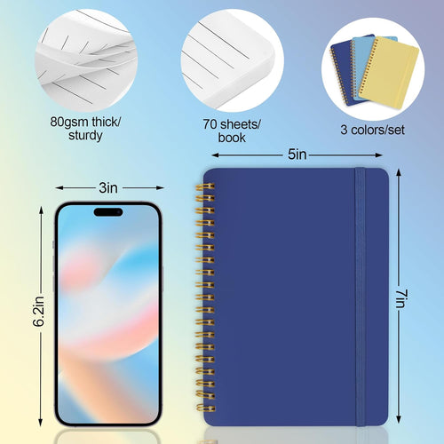 Utron 3 PCS Small Spiral Notebook 5x7, Notebooks for Note Taking, Blue Color Scheme Spiral Journal Notebook, Work Notebook Small Notebooks 5x7 with Strap, Cute Notebooks for Women 70 Sheets/Note Books