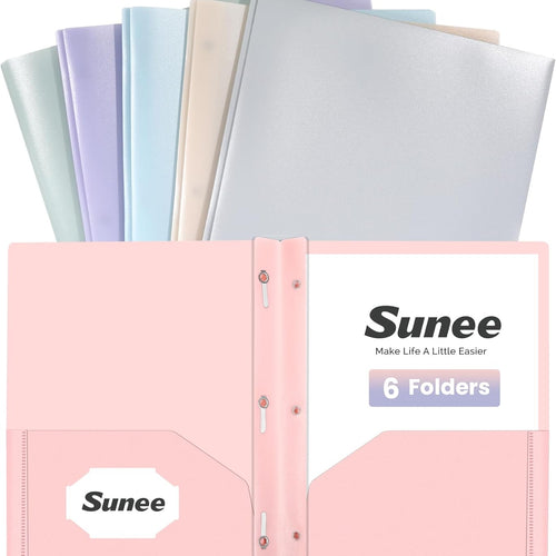 SUNEE 3-Prong Plastic Folders with Pockets (6 Pack, Pastel Colors) 2 Pocket Folders with Fasteners, Tear-Resistant Plastic Pockets, and Fit Letter Size Paper, Use for School Office Home Business