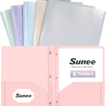 SUNEE 3-Prong Plastic Folders with Pockets (6 Pack, Pastel Colors) 2 Pocket Folders with Fasteners, Tear-Resistant Plastic Pockets, and Fit Letter Size Paper, Use for School Office Home Business