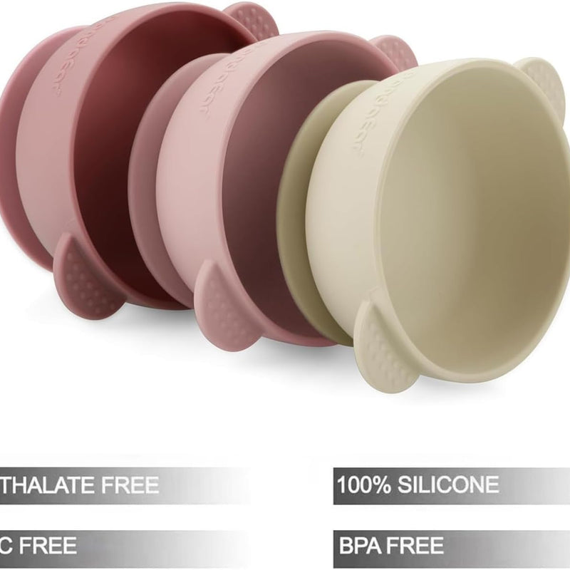 PandaEar 3 Pack Baby Bowls with Suction| Stay Put Silicone Food Bowl for Babies Kids Toddlers Infants| Food Grade Soft Safe BPA-Free Silicone (Pink)