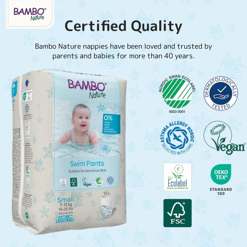 Bambo Nature Hypoallergenic Swim Pants, Eco-Labeled Swim Diapers, Double Leak Barriers - Small (12 Count)