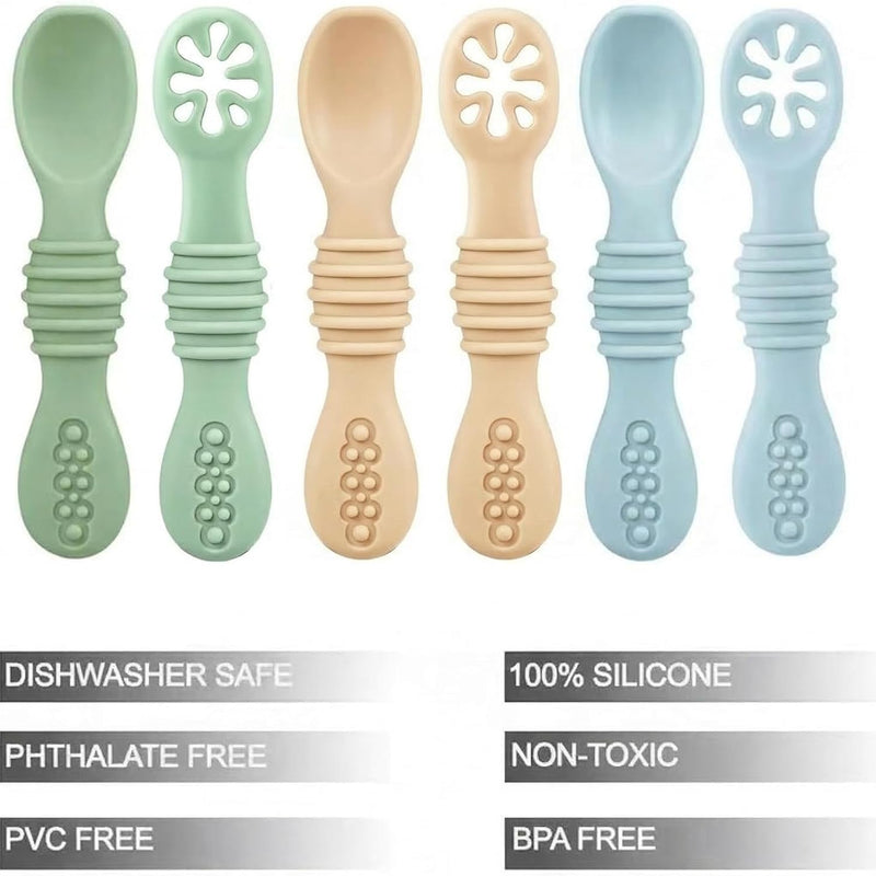 PandaEar 6 Pack Silicone Baby Spoons for Baby Led Weaning, First Stage Baby Toddler Self Feeding Utensils 6+ Months (Blue Green Beige)