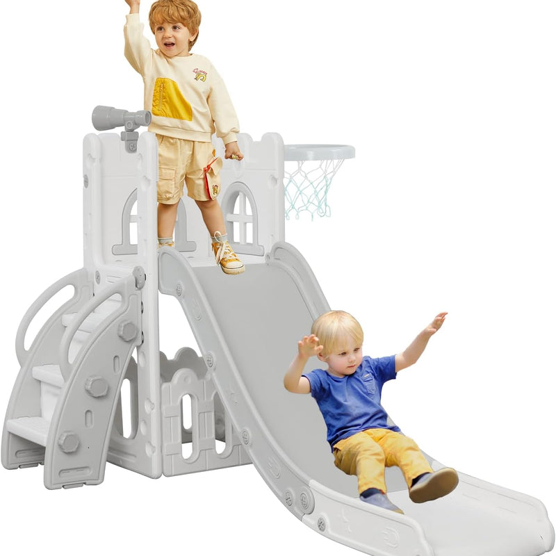 LulliSpace 6 in 1 Toddler Slide,Kids Climber Slider for Indoor Outdoor Playground with Basketball Hoop,Storage and Telescope,L Shaped Slide for Toddler Climber Playset