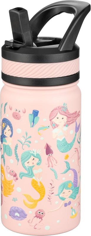 Fanhaw 14 oz Kids Water Bottle for School, Insulated Water Bottle with Straw Lid, Stainless Steel Vacuum Insulated Bottle for Boys & Girls, Leak-Proof, BPA Free(Blue - Under Construction)